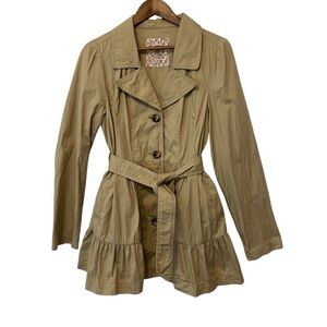 Women’s‎ tan trench coat peplum size L midi length preppy minimalist neutral